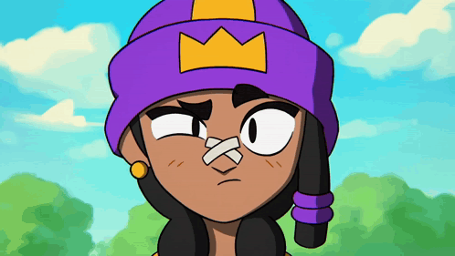 A Cartoon Character With A Bandaged Nose And A Purple Hat With A Crown On It GIF