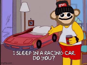 A Cartoon Character With A Beanie That Says Pups Is Standing In Front Of A Racing Car Bed GIF