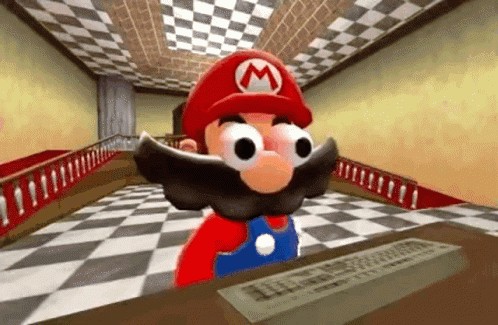 A Cartoon Character With A Beard Is Sitting At A Desk In A Room With A Checkered Floor . GIF