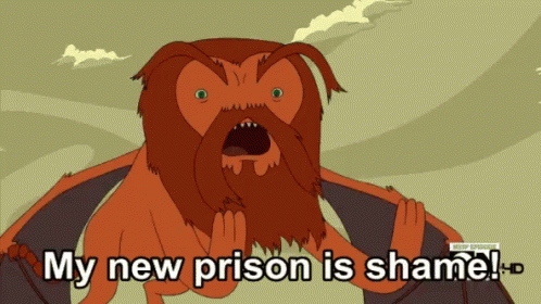 A Cartoon Character With A Beard Says " My New Prison Is Shame ! " GIF