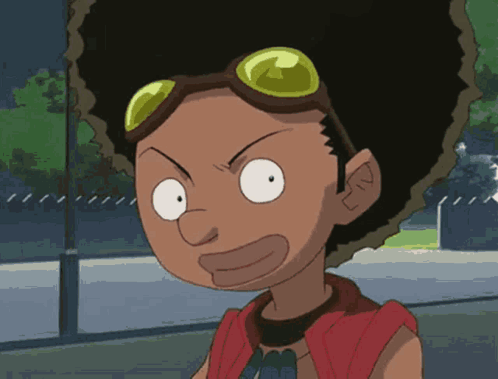 A Cartoon Character With A Big Afro Wearing Goggles And A Red Shirt GIF