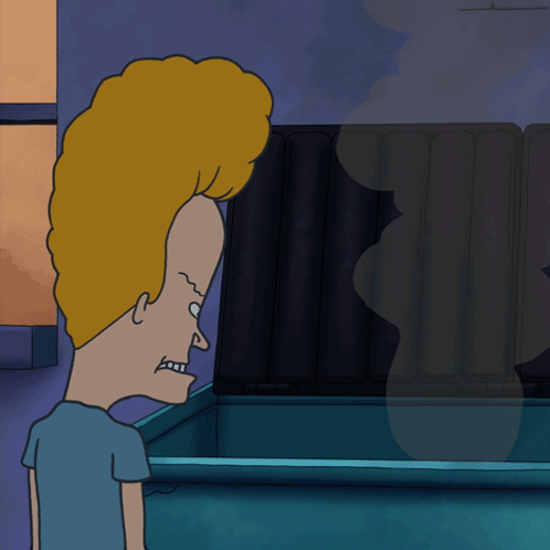 A Cartoon Character With A Big Head Is Standing In Front Of A Dumpster GIF