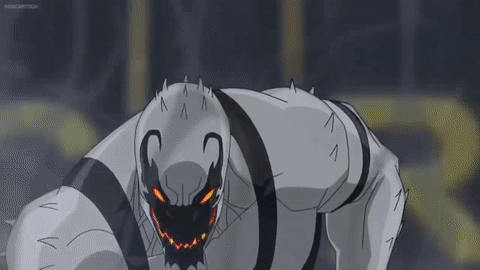 A Cartoon Character With A Black And White Striped Body Is Standing In A Dark Room . GIF