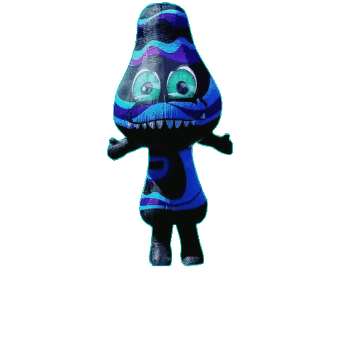 a cartoon character with a blue and purple striped shirt