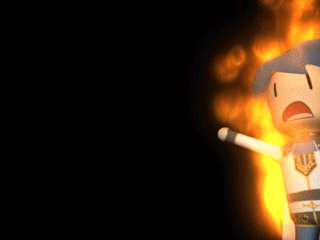 A Cartoon Character With A Blue Cape Stands In Front Of A Fire GIF
