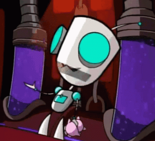 A Cartoon Character With A Blue Eye Is Standing Next To A Purple Container GIF