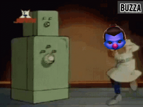 A Cartoon Character With A Blue Face And The Word Buzza On The Bottom Right GIF