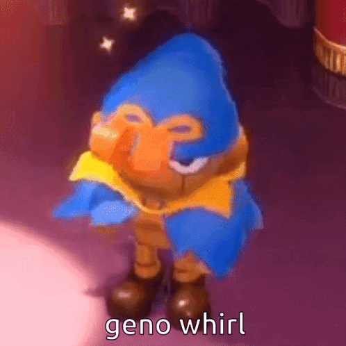 A Cartoon Character With A Blue Hat And A Yellow Scarf Is Standing On A Purple Surface . GIF