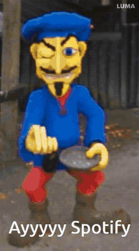 A Cartoon Character With A Blue Hat And Red Pants Is Holding A Plate With The Words Ayyyyy Spotify On The Bottom GIF