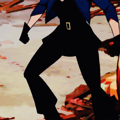 A Cartoon Character With A Blue Jacket And Black Pants Has A Belt With The Letter O On It GIF