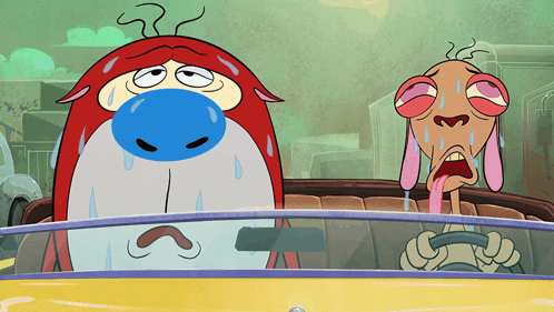 A Cartoon Character With A Blue Nose Is Driving A Yellow Car GIF