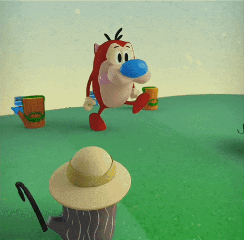 A Cartoon Character With A Blue Nose Is Walking On A Grassy Field GIF