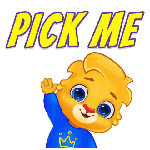 a cartoon character with a blue shirt and a yellow crown says pick me