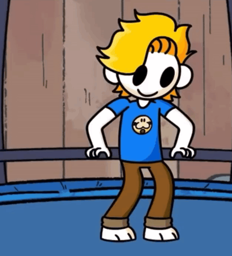 A Cartoon Character With A Blue Shirt With A Smiley Face On It GIF