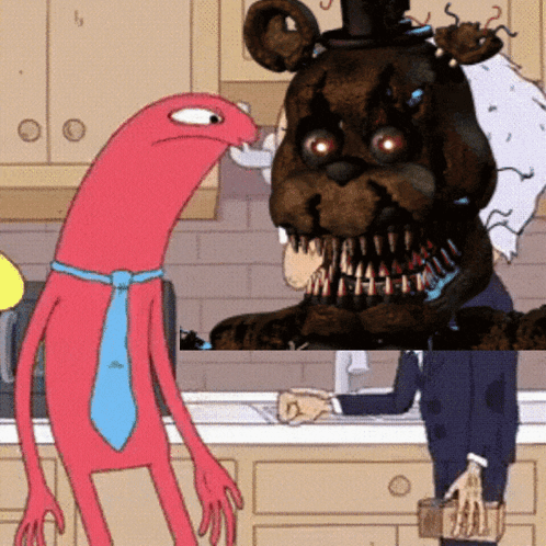 A Cartoon Character With A Blue Tie Is Standing Next To A Teddy Bear With Huge Teeth GIF