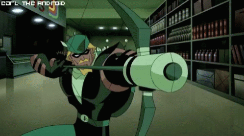 A Cartoon Character With A Bow And Arrow With The Words Carl The Android Above Him GIF