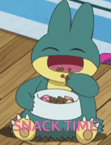 A Cartoon Character With A Bowl Of Food And The Words Snack Time GIF