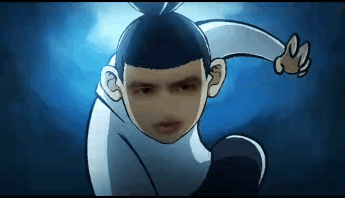 A Cartoon Character With A Bun On His Head Is Making A Funny Face . GIF