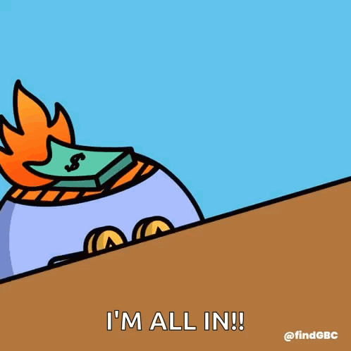 A Cartoon Character With A Bunch Of Money On His Head Says All In I 'M All In GIF