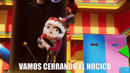 a cartoon character with a cane and the words vamos cerrando el hocico below him