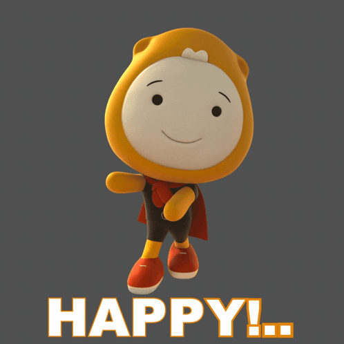 A Cartoon Character With A Cape And The Word Happy Behind Him GIF