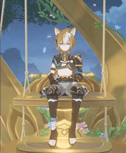 A Cartoon Character With A Cat Ear Sits On A Wooden Swing GIF