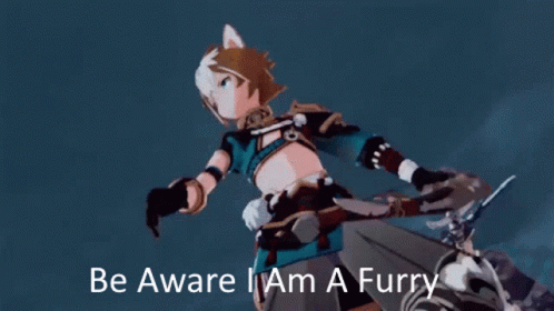 A Cartoon Character With A Cat 'S Ear And The Words Be Aware I Am A Furry GIF