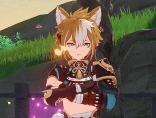 A Cartoon Character With A Cat 'S Ears And A Sword Is Standing In The Grass . GIF