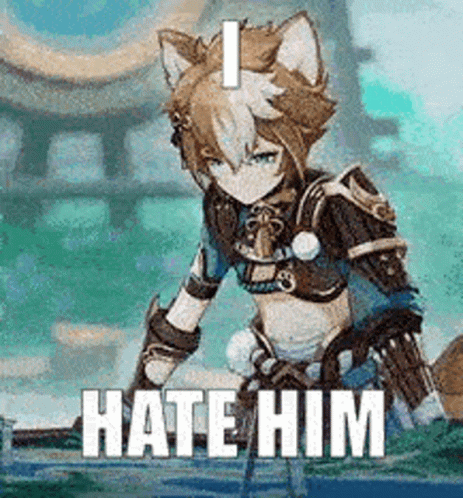 A Cartoon Character With A Cat 'S Ears And The Words `` I Hate Him '' . GIF