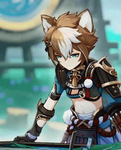 A Cartoon Character With A Cat 'S Ears Is Sitting At A Table In A Video Game . GIF