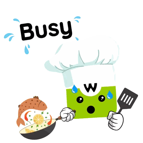 a cartoon character with a chef 's hat and a spatula says busy