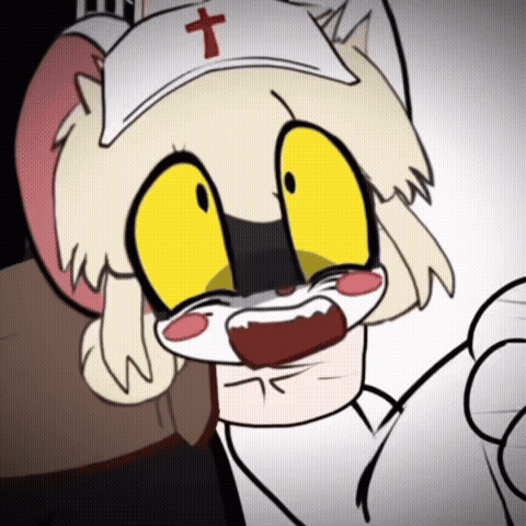 a cartoon character with a cross on her hat