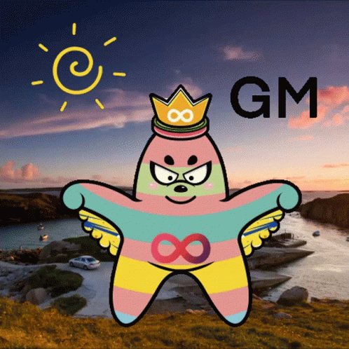 A Cartoon Character With A Crown On His Head And The Words Gm Below Him GIF