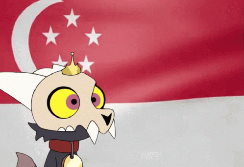 A Cartoon Character With A Crown On His Head Is Standing In Front Of A Singapore Flag GIF