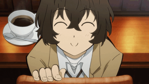 A Cartoon Character With A Cup Of Coffee In The Background GIF