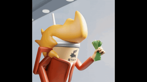 A Cartoon Character With A Cup Of Stan Coffee On His Head GIF