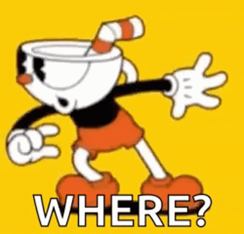 A Cartoon Character With A Cup On His Head And The Words `` Where ? '' GIF