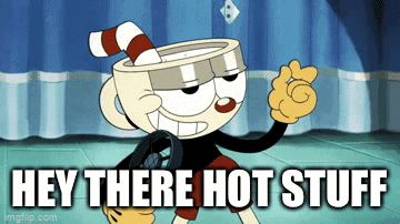 A Cartoon Character With A Cup On His Head Says " Hey There Hot Stuff " GIF