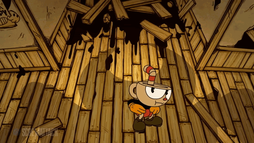 A Cartoon Character With A Cup On His Head Stands In A Wooden Room GIF