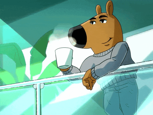 A Cartoon Character With A Dog 'S Head Is Leaning On A Railing Holding A Cup Of Coffee GIF