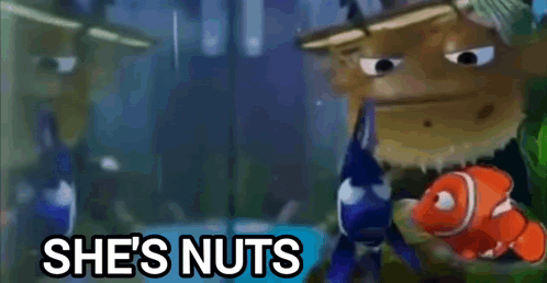 A Cartoon Character With A Fish And The Words She 'S Nuts Behind Him . GIF