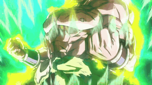 A Cartoon Character With A Fist In The Air Is Surrounded By Green Lights GIF