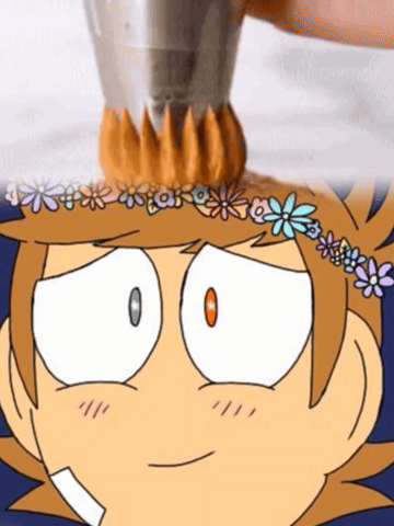 A Cartoon Character With A Flower Crown On His Head Is Being Decorated With Frosting . GIF
