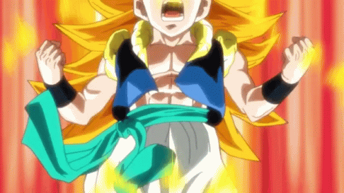 A Cartoon Character With A Green Belt Around His Waist Is Screaming With His Fist In The Air GIF