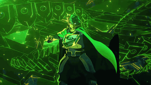 A Cartoon Character With A Green Cape And A Shield GIF