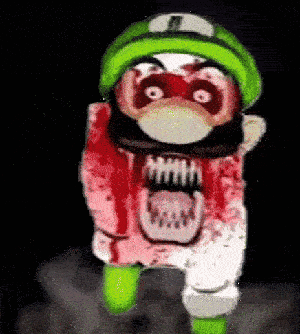A Cartoon Character With A Green Hat And A Bloody Face Is Standing In The Dark . GIF