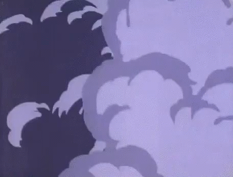 A Cartoon Character With A Green Hat And Glasses Is Peeking Out Of A Purple Cloud . GIF