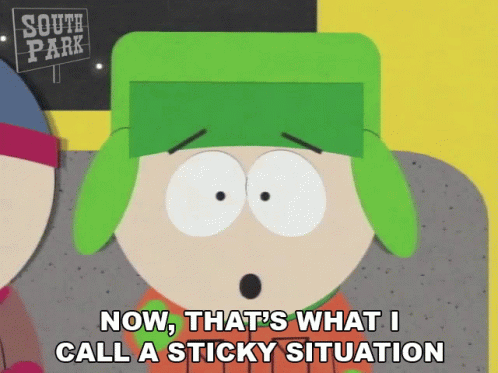 A Cartoon Character With A Green Hat Says Now That 'S What I Call A Sticky Situation GIF