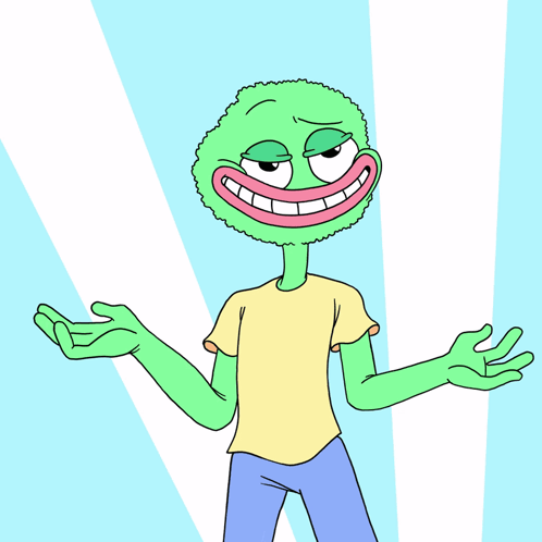 A Cartoon Character With A Green Head And A Pink Mouth GIF
