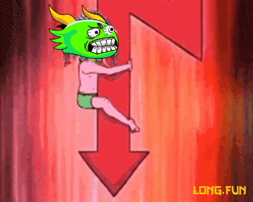 A Cartoon Character With A Green Head Is Holding A Red Arrow Pointing Up GIF
